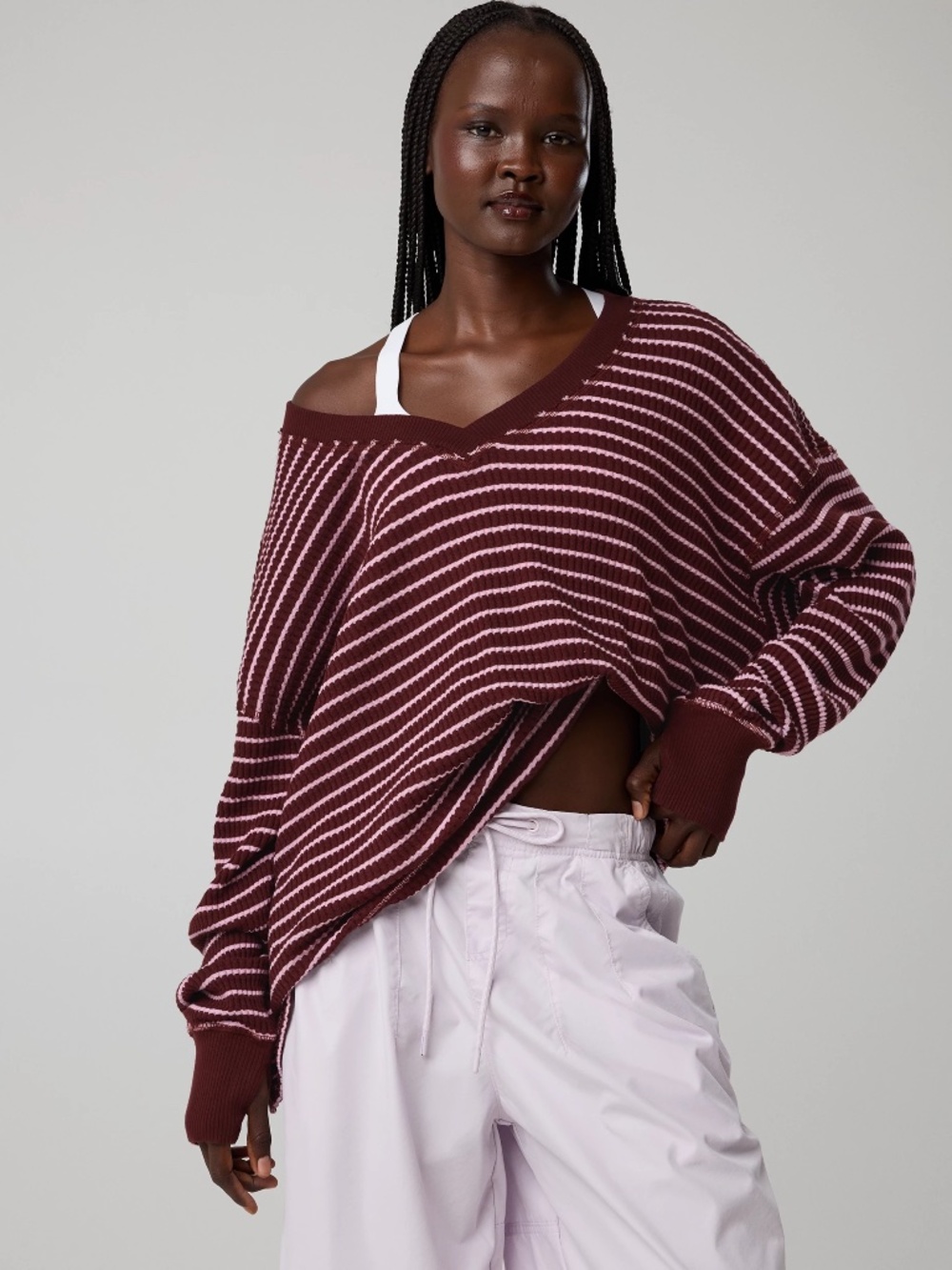 NWT! Aerie Waffle Long Sleeve T-Shirt - Royal Berry/ Burgundy and Pink